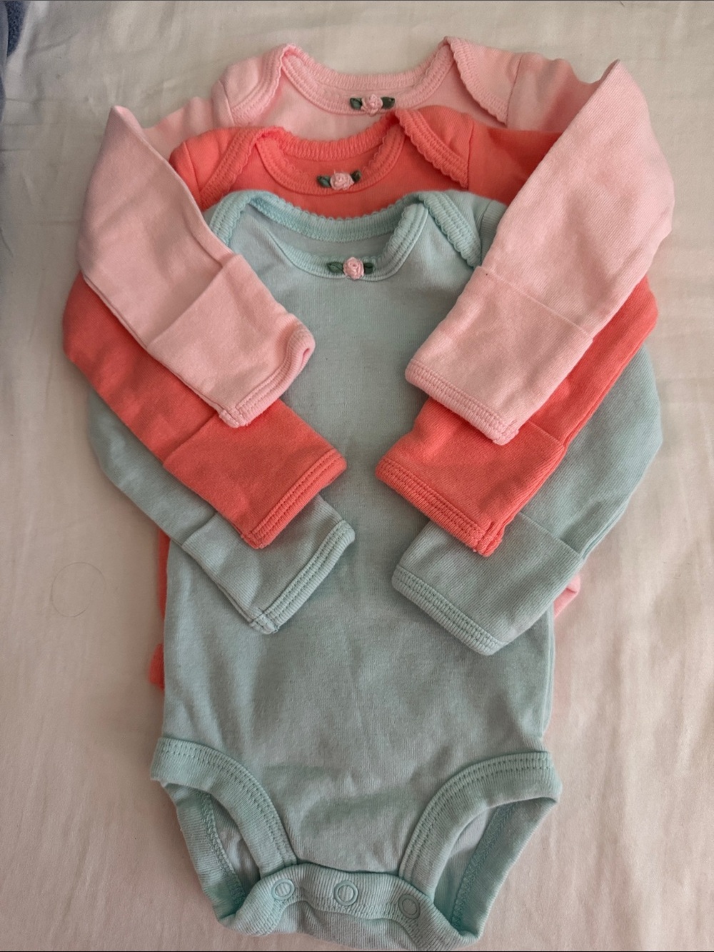 3-Pack Long-Sleeve Baby Bodysuits in Pink, Coral & Mint – Soft Everyday Set